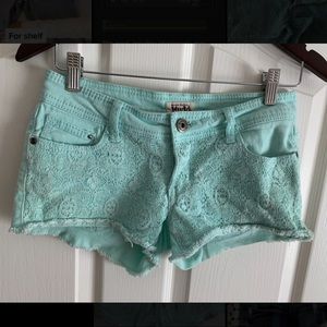 Mudd light blue denim shorts with lace detail